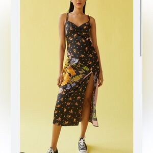 Urban Outfitters Black Floral Midi Samira Satin Slip Dress Size Small